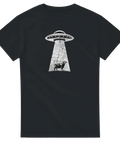 T-shirt med UFO som strålar upp en ko i svartvitt motiv