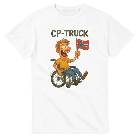Rolig t-shirt med norsk språkordvits, texten "CP-TRUCK" och tecknad figur med norsk flagga