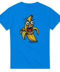 Rolig t-shirt med tecknad, vilt stirrande banan som skriker – färgglatt och humoristiskt motiv.