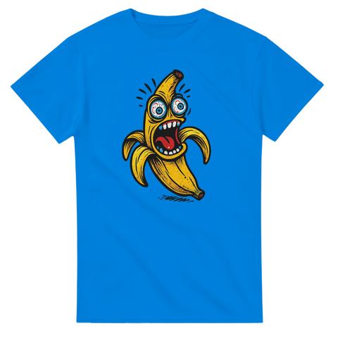 Rolig t-shirt med tecknad, vilt stirrande banan som skriker – färgglatt och humoristiskt motiv.