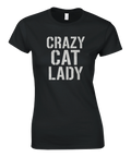 Svart t-shirt med vit text "CRAZY CAT LADY" i blockbokstäver