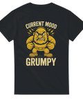 Svart t-shirt med arg gubbe och texten "Current Mood: Grumpy"