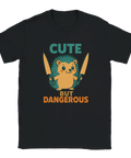 Svart t-shirt med illustration av en söt igelkott med två knivar och texten "Cute but Dangerous"
