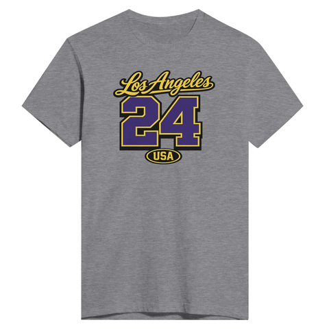 Los Angeles 24 USA texttryck i gult och lila på en grå t-shirt, sportig college-stil.