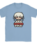 Ljusblå t-shirt med ironiskt tryck av en aggressiv anime-karaktär