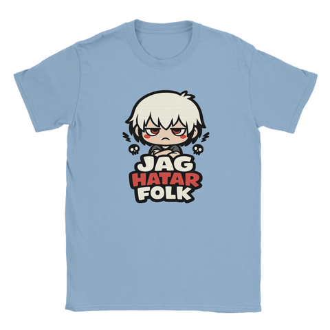 Ljusblå t-shirt med ironiskt tryck av en aggressiv anime-karaktär
