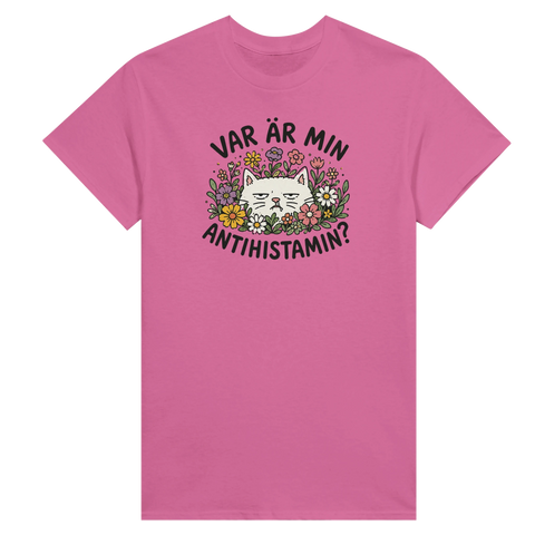 Grafiskt tryck med texten Var är min antihistamin och blommor – humoristisk design
