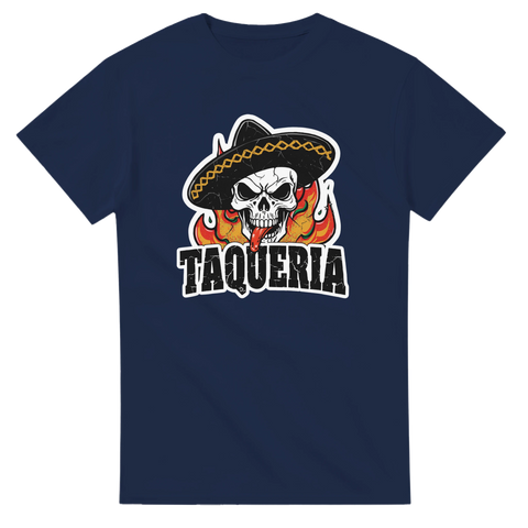 Mörkblå t-shirt med grafiskt Taqueria-tryck i rå vintagestil