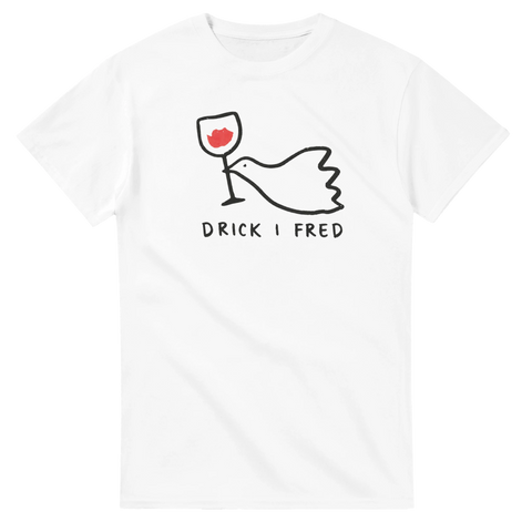 Minimalistisk illustration av fredsduva med vinglas – vit grafisk t-shirt