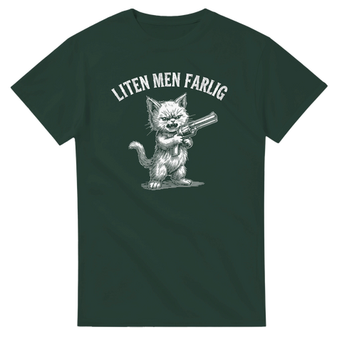 Detaljerat tryck av kattunge med vapen och text – rolig t-shirt för kattägare