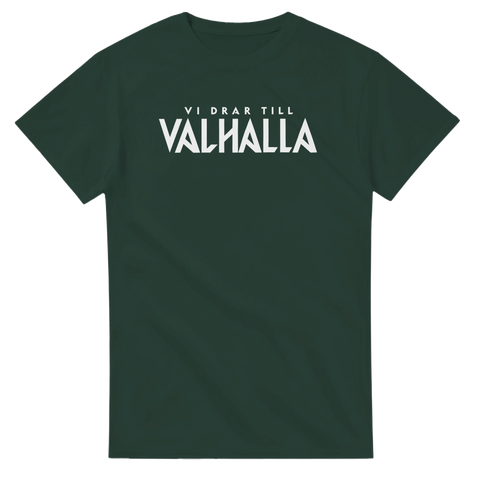 Vikingainspirerad t-shirt med vit text på mörkgrön bakgrund