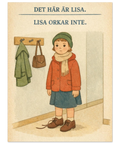 Illustration av en flicka i röd kappa och mössa med texten Det här är Lisa Lisa orkar inte i retro barnboksstil.
