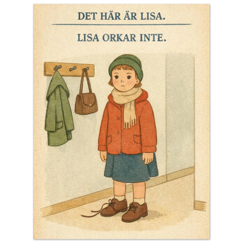 Illustration av en flicka i röd kappa och mössa med texten Det här är Lisa Lisa orkar inte i retro barnboksstil.