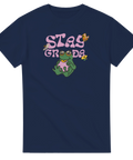 Retro "Stay Groda" tryck med groda i solglasögon, fjäril, svamp på marinblå t-shirt.