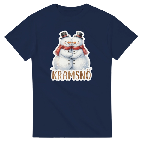 Marinblå t-shirt med motiv av snögubbar i en kram – charmig illustration