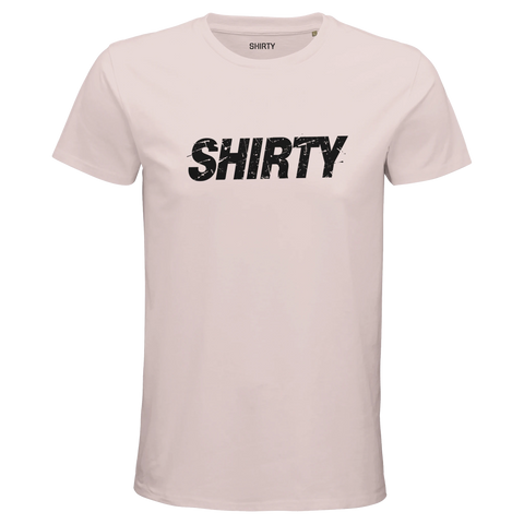 Svart, sliten "SHIRTY"-logga på ljusrosa streetwear t-shirt för herr.