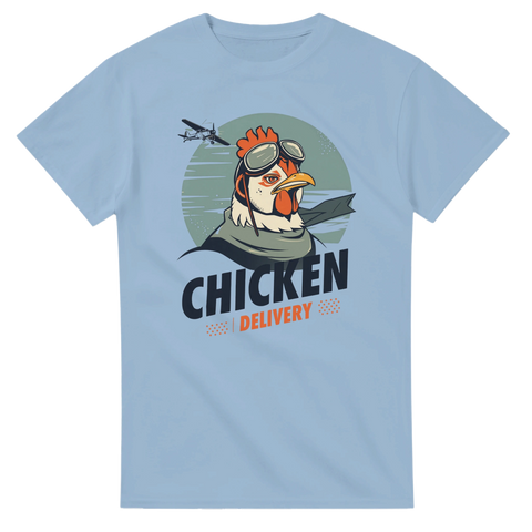 Vintage inspirerat tryck av en kyckling i pilotglasögon – ljusblå t-shirt