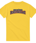 Gul t-shirt med texten Dags för en bensträckare i collegebokstäver.