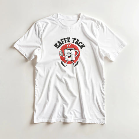 Vintageinspirerat tryck med en kaffekaraktär i 50-talsstil på vit t-shirt