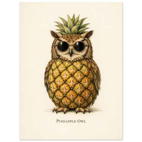 Poster med titeln Pineapple Owl föreställande en brun uggla med ananasmönstrad fjäderdräkt och gröna blad på huvudet.