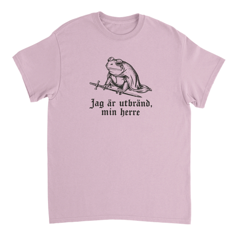Satirisk t-shirt med grodmotiv och humoristiskt citat om utbrändhet
