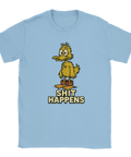 Humoristisk t-shirt med en tecknad smutsig anka och texten "Shit Happens" – perfekt för dig som gillar självdistans och vardagshumor