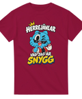 Rolig t-shirt med humoristiskt motiv av blå katt med krona på vinröd tröja