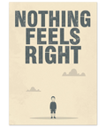 Illustration med stor grå text där det står Nothing Feels Right ovanför en liten nedstämd man i ett tomt beige landskap.