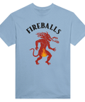 Eldsprutande röd demon med eldflammor och text "FIREBALLS" på ljusblå t-shirt.