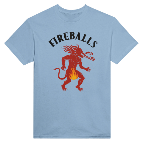 Eldsprutande röd demon med eldflammor och text "FIREBALLS" på ljusblå t-shirt.