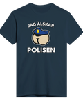 Mörkblå t-shirt med absurd illustration och kaxigt budskap om polisen