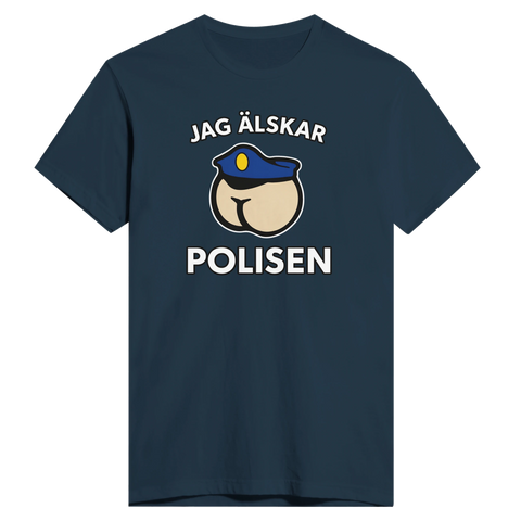 Mörkblå t-shirt med absurd illustration och kaxigt budskap om polisen
