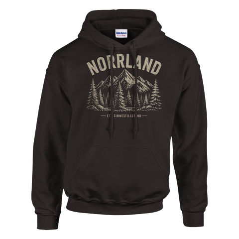 Stilrent naturmotiv med fjäll och skog på en mörkbrun hoodie