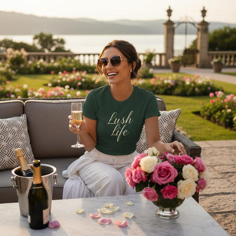 Kvinna i grön t-shirt skålar med champagne i lyxig trädgård