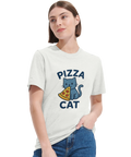 Tecknad grå katt som äter pizza, text "PIZZA CAT", på en ljusgrå t-shirt.