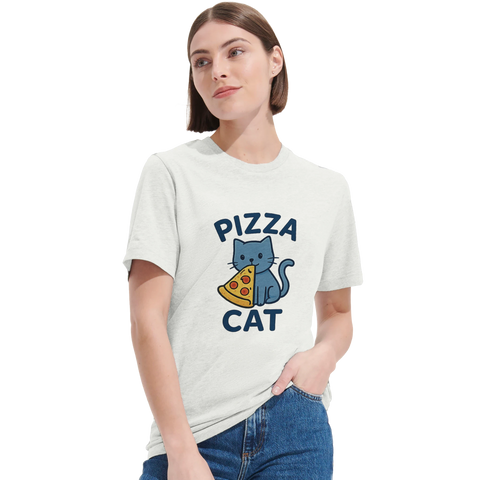 Tecknad grå katt som äter pizza, text "PIZZA CAT", på en ljusgrå t-shirt.