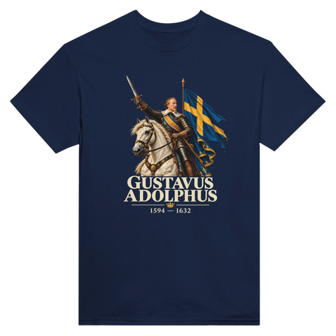 Marinblå t-shirt med Gustav II Adolf till häst, svensk flagga och texten ”Gustavus Adolphus”