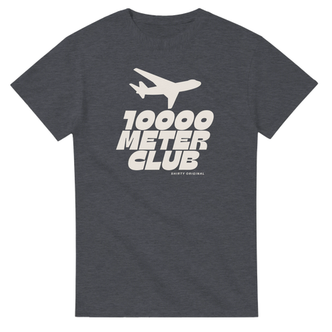 Mörkgrå melerad t-shirt med minimalistiskt flygplansmotiv och textbaserat tryck