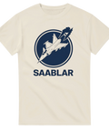 Minimalistisk design med stridsflygplan och text på beige t-shirt