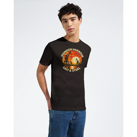 T-shirt med hamnmotiv i retrostil och texten Hisingen Harbour – Grit & Steel