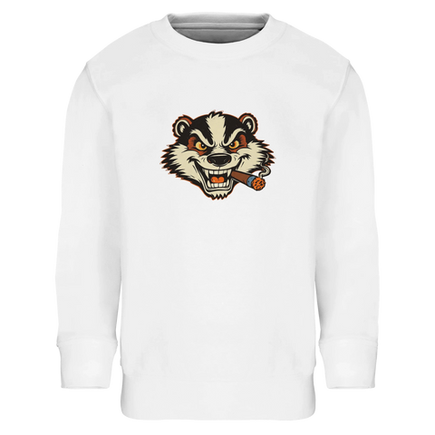 Vit sweatshirt med detaljrik illustration av Billy Badger