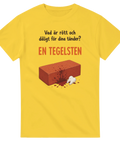 Humoristiskt tryck med makaber ordvits om tänder på en gul tröja