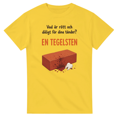 Humoristiskt tryck med makaber ordvits om tänder på en gul tröja