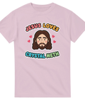 Lekfull cartoon-design med Jesus och hjärtan i mjuk pastellestetik på lila tyg