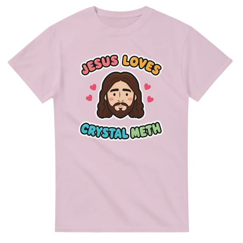 Lekfull cartoon-design med Jesus och hjärtan i mjuk pastellestetik på lila tyg