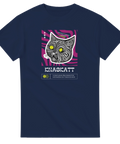 Grafisk illustration av en knasig katt på marinblå t-shirt – Shirty original