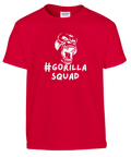 Vitt vrålande gorillahuvud och text "#GRILLA SQUAD" på röd barnt-shirt.
