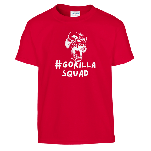 Vitt vrålande gorillahuvud och text "#GRILLA SQUAD" på röd barnt-shirt.