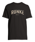 Brun t-shirt med nostalgisk textdesign och grafiskt slitage i trycket