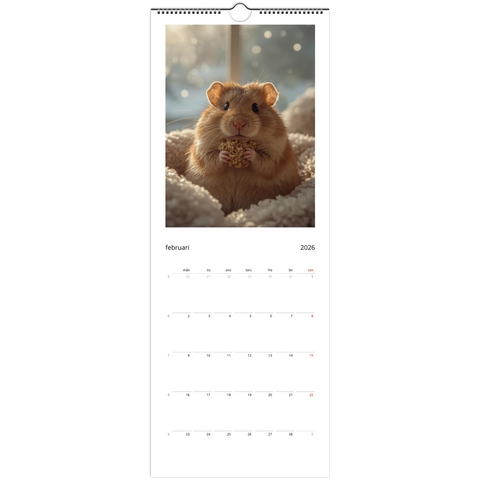 Tykna hamster med mat i tassarna, vinterbakgrund, Väggkalender 2026.